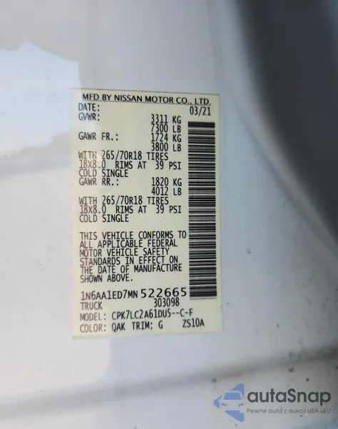 2021 Nissan Titan Sv из США, поврежденный, VIN 1N6AA1ED7MN522665